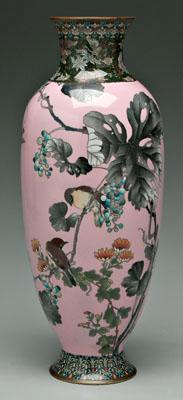 Appraisal: Japanese cloisonn eacute vase songbirds among grapevines chrysanthemums on pink