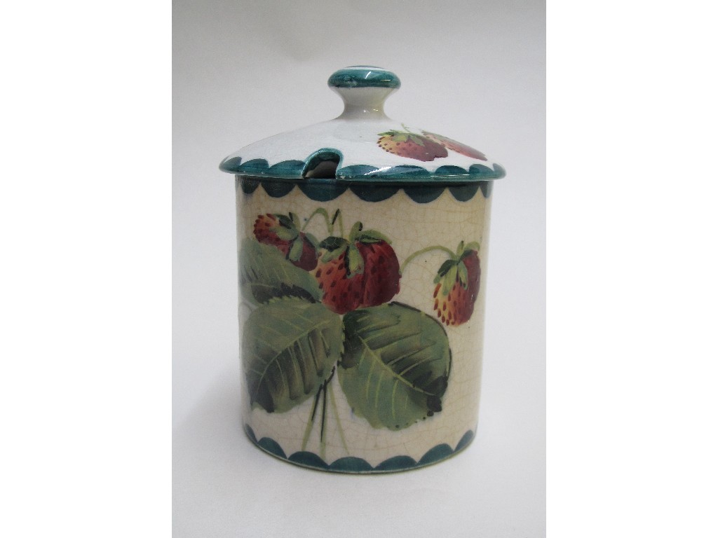 Appraisal: A Wemyss preserve pot and cover painted with strawberries impressed