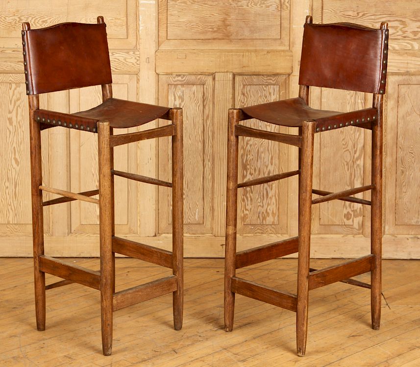 Appraisal: PAIR OAK LEATERH DANISH BAR STOOLS C A pair of