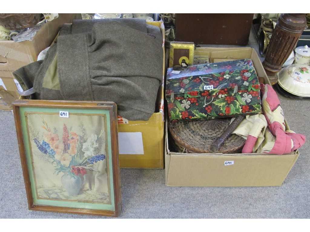 Appraisal: Two boxes of Army uniforms sewing basket buttons etc