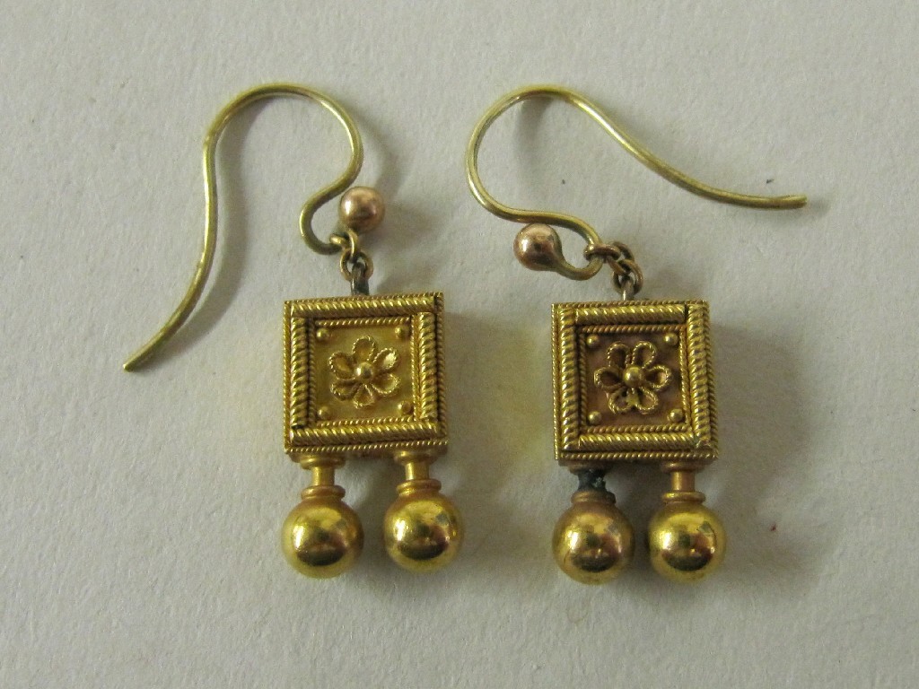 Appraisal: Pair of Victorian yellow metal drop earrings