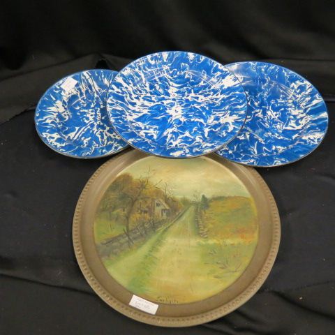 Appraisal: pc Estate Lot brass tray with handpainted landscape pc blue