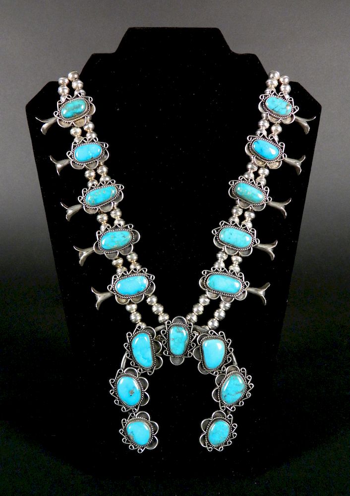 Appraisal: Turquoise and silver squash blossom necklace Turquoise and silver squash