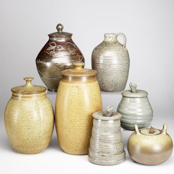 Appraisal: GARY BAXTER Seven pieces of stoneware include two similar covered