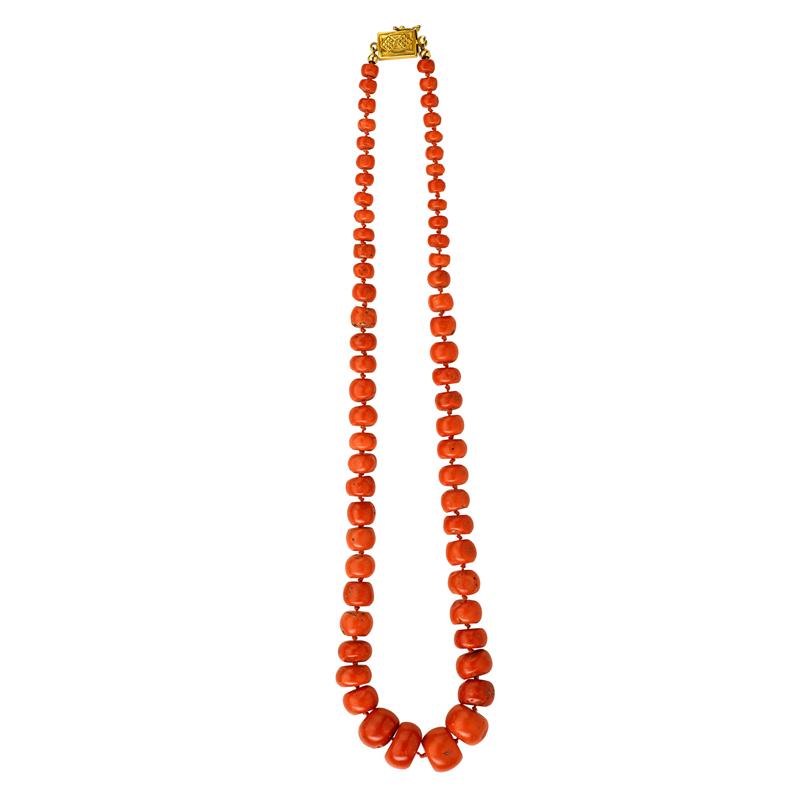 Appraisal: RED CORAL BEAD K GOLD NECKLACE irregular drum shaped beads