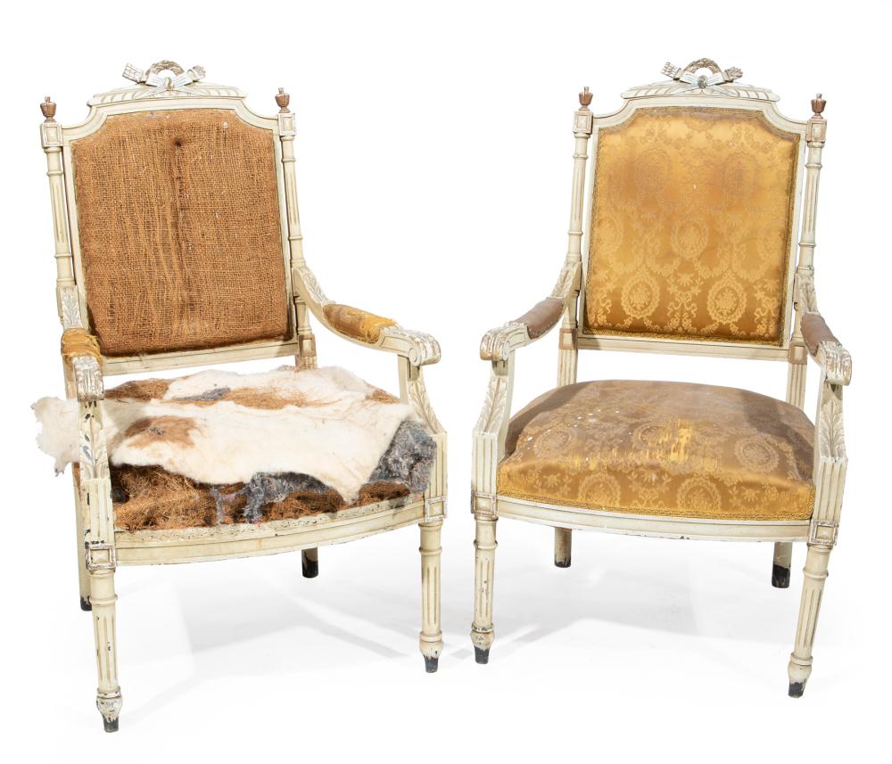 Appraisal: Pair of Louis XVI-Style Painted and Parcel Gilt Fauteuils foliate