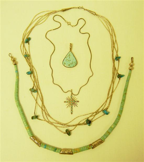 Appraisal: JEWELRY hand-wrought silver and turquoise Southwestern Jewelry including two pendants