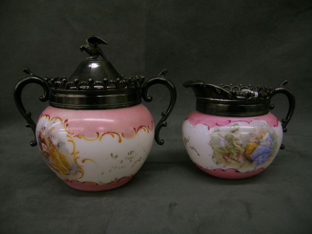 Appraisal: Bristol glass sugar amp creamer with handpainted romance scenes