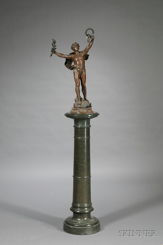 Appraisal: Bronzed Spelter Figure of Le Triomphe and Verte Antico Marble