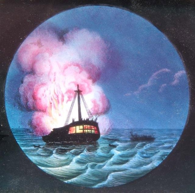 Appraisal: FOUR AUTOMATON MAGIC LANTERN SLIDES depicting a sea voyage consisting