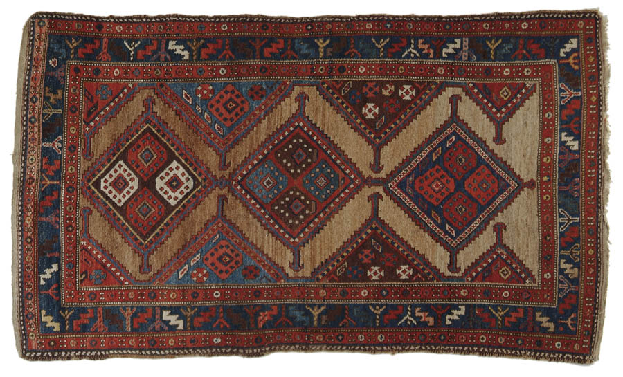 Appraisal: SHIRAZ STYLE ORIENTAL SCATTER RUG Multiple borders with a carmel