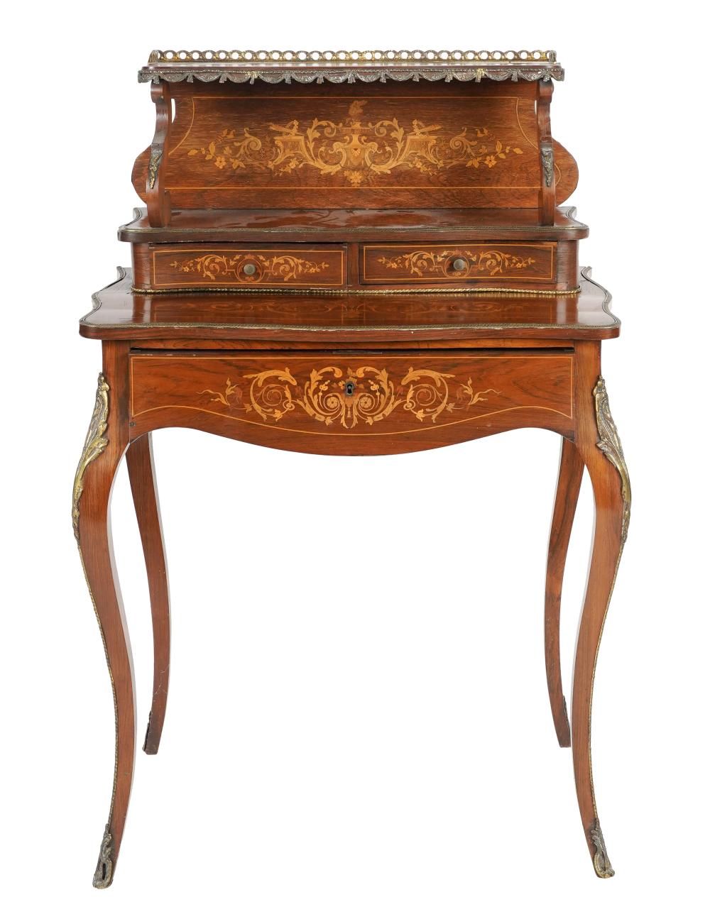 Appraisal: MARQUETRY-INLAID BUREAU DE DAMEearly th century with gilt metal mounts