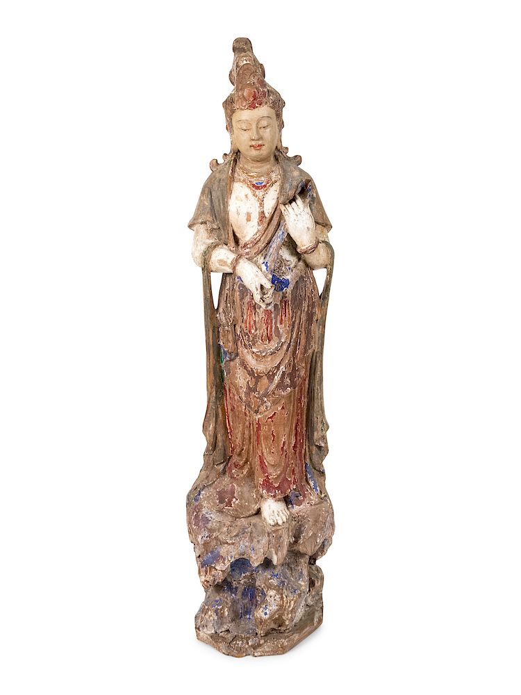 Appraisal: A Chinese Carved and Polychromed Wood Figure of Guanyin LATE