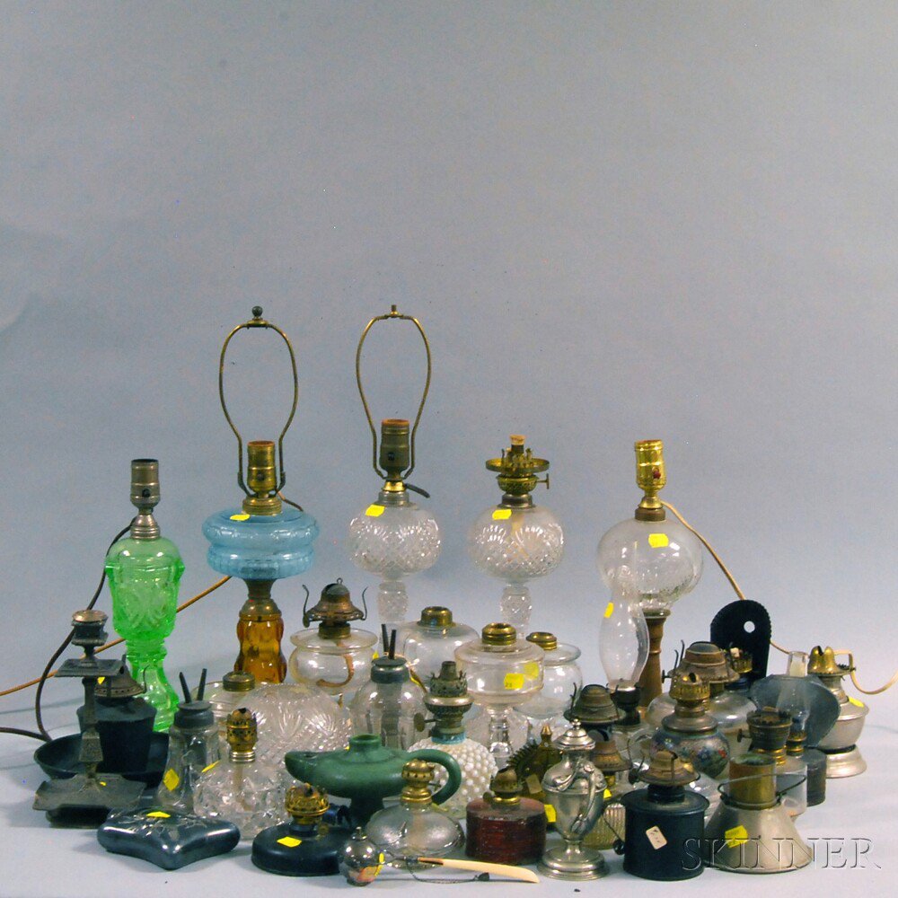 Appraisal: Group of Mostly Glass and Metal Fluid Burning Lamps including