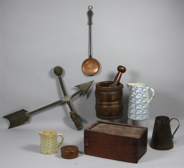 Appraisal: Group of eight country items to include wood mortar and