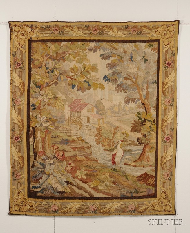 Appraisal: French Belgian Aubusson-type Wool Landscape with Cottage Tapestry approx x