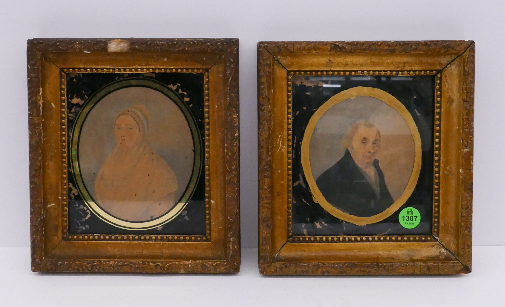 Appraisal: Pair Antique English Miniature Portrait Watercolors Framed- x ''