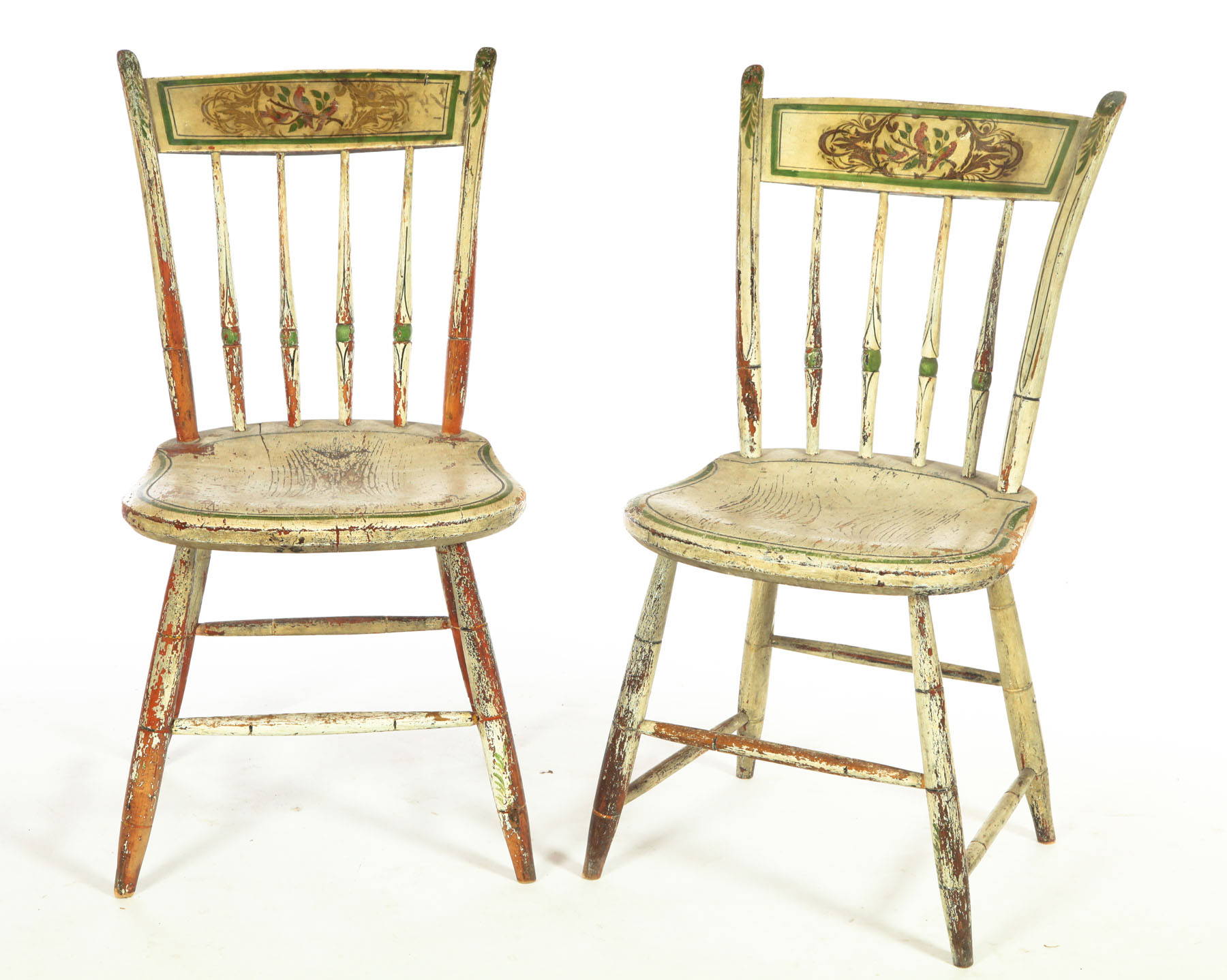 Appraisal: PAIR OF DECORATED WINDSOR CHAIRS American - mixed woods Bamboo-turned