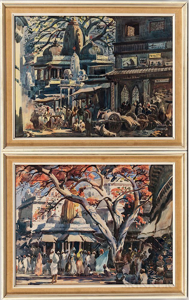 Appraisal: G D Thayagaraj b Two Watercolor Street Scenes G D