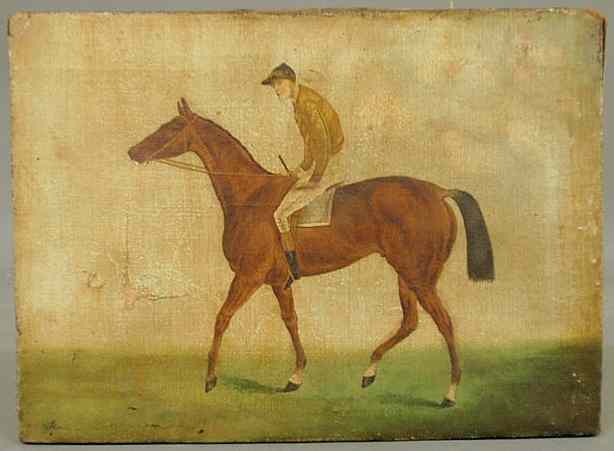 Appraisal: English oil on canvas painting of a racehorse and jockey