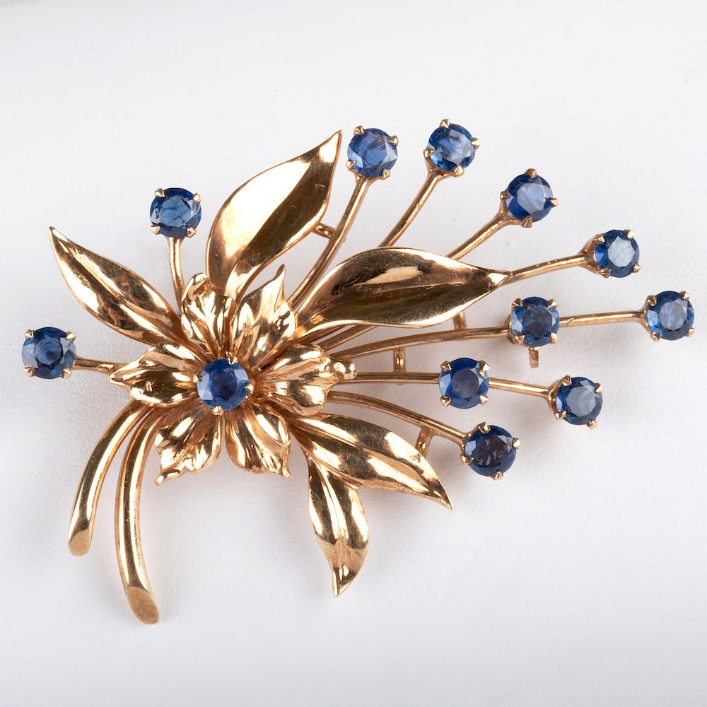 Appraisal: Tiffany Co Retro K Gold and Sapphire Floral Pin Tiffany