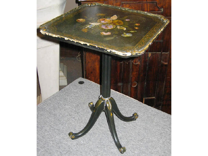 Appraisal: ENGLISH TH CENTURY EBONIZED TEA TABLE Square dished top with