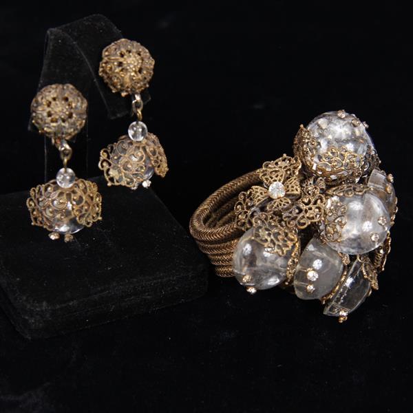 Appraisal: Miriam Haskell pc Floral Bracelet Clip Earrings widest point