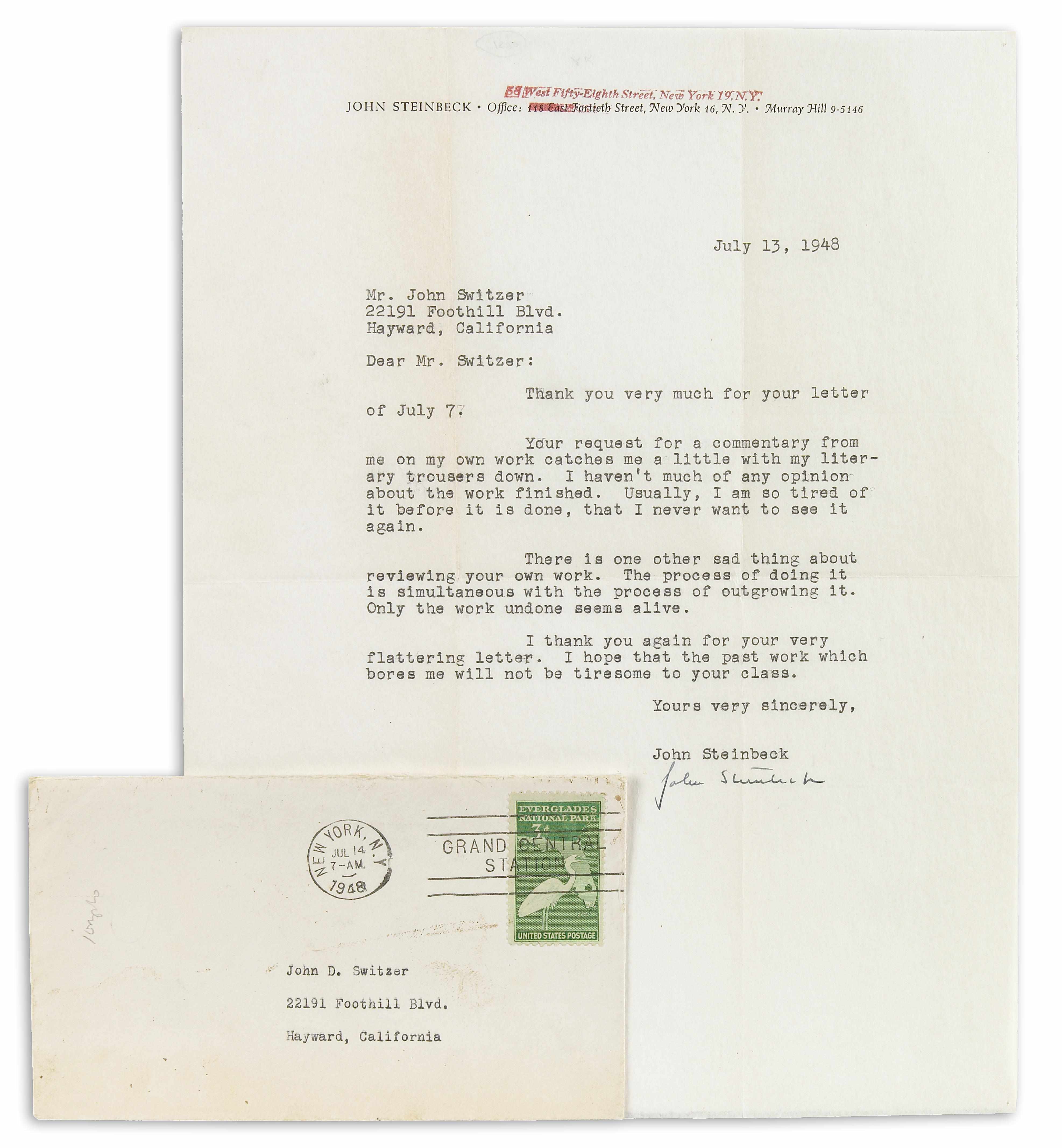 Appraisal: STEINBECK JOHN - Typed Letter Signed ''John Steinbeck'' p to