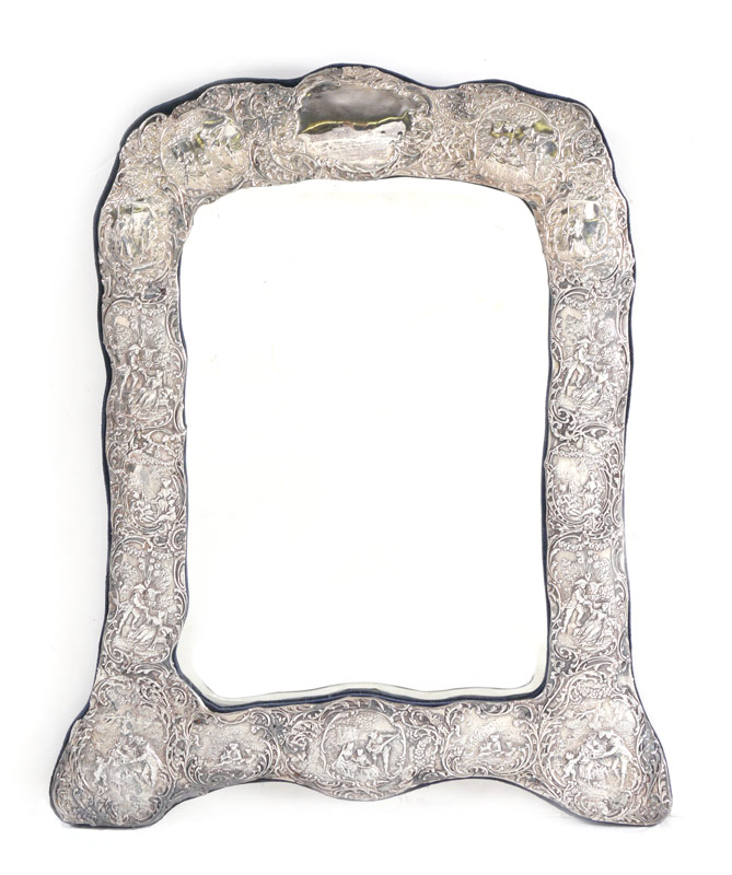 Appraisal: EMBOSSED FRAME WALL MIRROR Silver toned metal framed embossed with