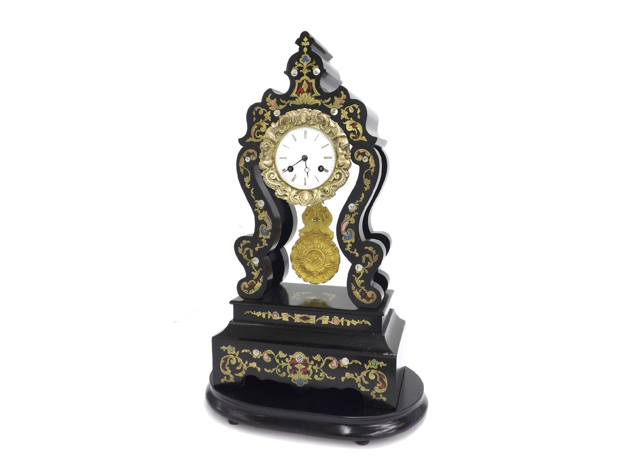 Appraisal: French ebonised and inlaid two train portico mantel clock the