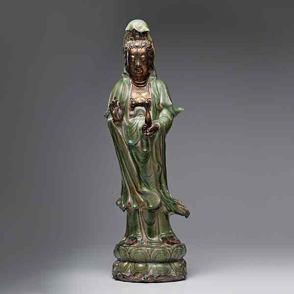 Appraisal: Longquan-style Celadon and Gilded Guanyin Chinese a Longquan-style crackle-glazed celadon