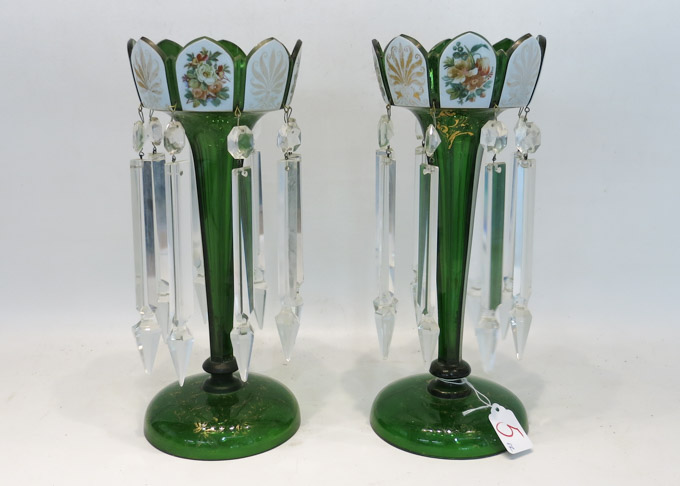 Appraisal: PAIR OF BOHEMIAN GREEN GLASS AND ENAMEL LUSTRES with hand