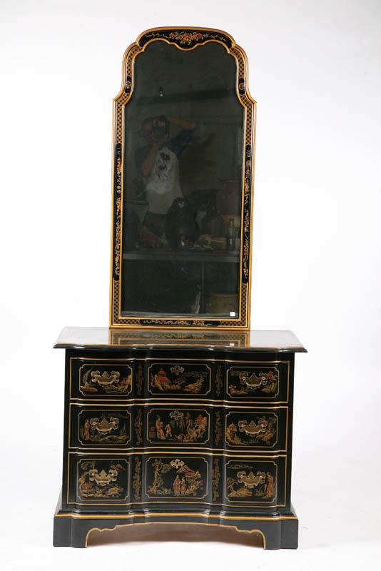 Appraisal: DREXEL MATCHING CHEST AND MIRROR Black lacquer with chinoiserie decoration