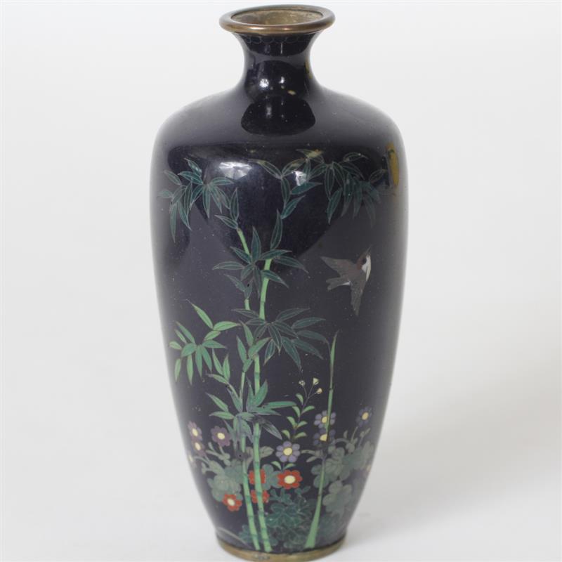 Appraisal: Small Japanese Polychrome Cloisonne Enamel Vase featuring bamboo and bird