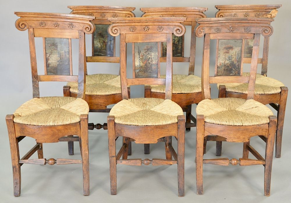 Appraisal: Set of six North Italian side chairs walnut and polychrome-painted