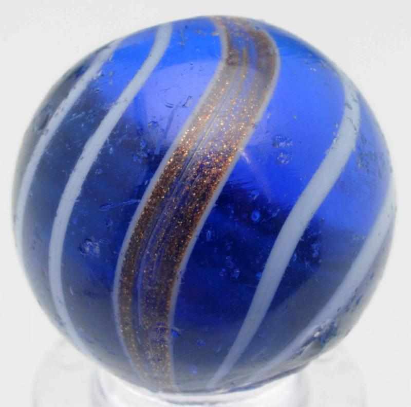 Appraisal: Blue Glass Banded Lutz Marble Blue transparent base with white