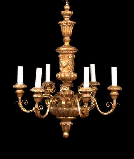 Appraisal: French Carved and Gilded Wood and Iron Six-Light Vasiform Chandelier