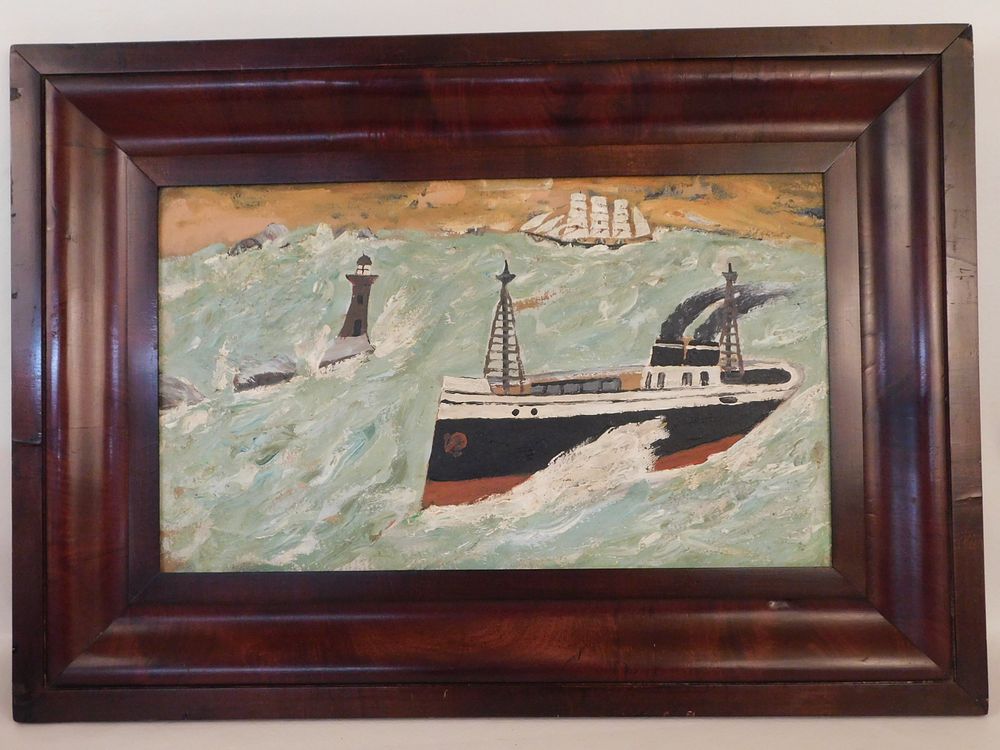 Appraisal: FOLK ART STEAMER PAINTING - G WOOD Old oil folk