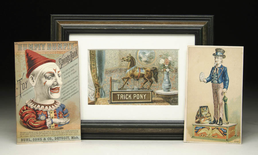 Appraisal: LOT OF THREE MECHANICAL BANK TRADE CARDS Consisting of a