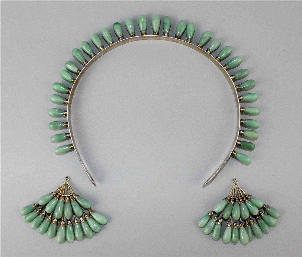 Appraisal: CHINESE GILT SILVER AND JADEITE HEADBAND AND A PAIR OF