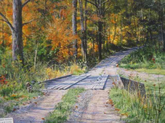 Appraisal: Luke Buck Landscape with Bridge in Fall raccoons emerging ''