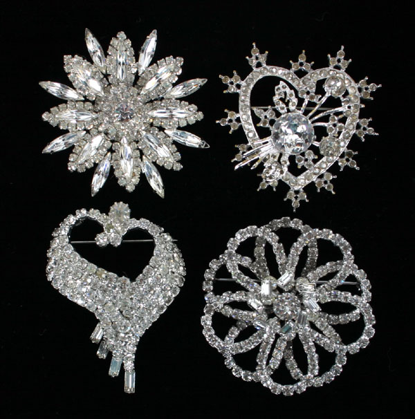 Appraisal: Lot of four vintage clear rhinestone brooches including Eisenberg dimensional