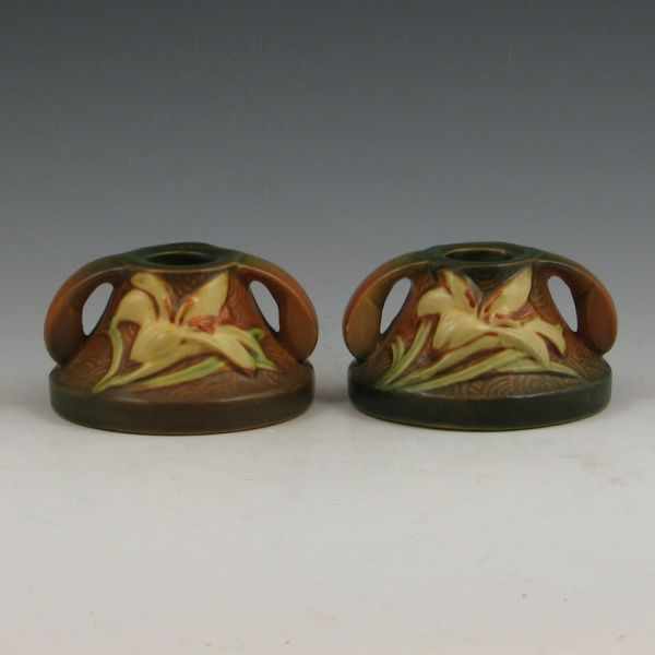 Appraisal: Roseville Zephyr Lily candleholders in brown and green Marked Roseville