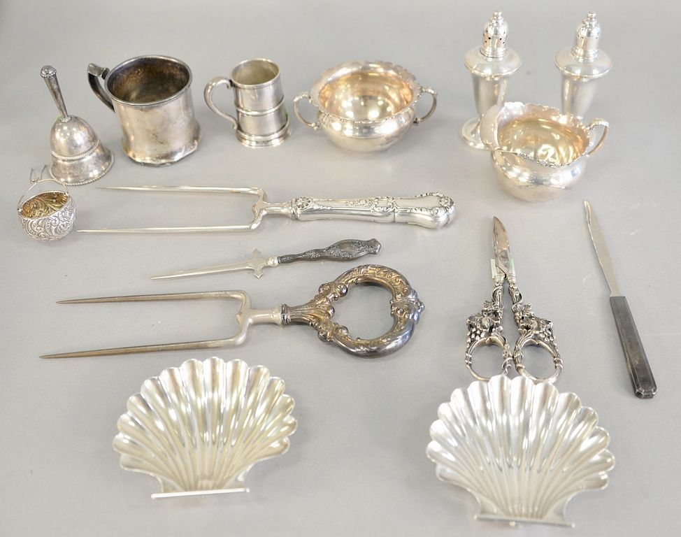 Appraisal: Sterling silver lot with mugs shell dishes sugar creamer and