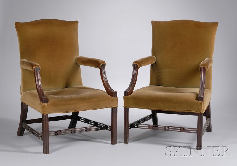 Appraisal: Pair of Chippendale-style Upholstered Carved Mahogany Library Chairs