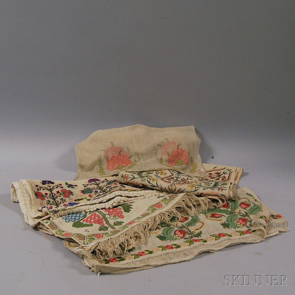 Appraisal: Five Polychrome Silk-embroidered Natural Cotton Scarves probably Turkey th th