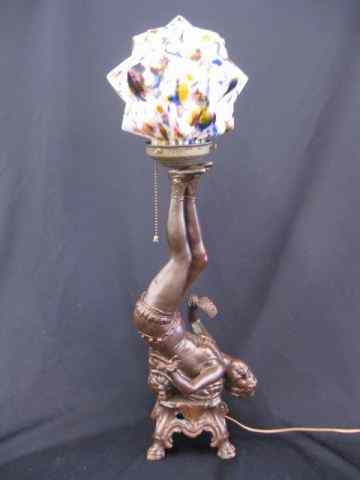 Appraisal: Antique Figural Bronzed Lampwith lady holding up an art glass