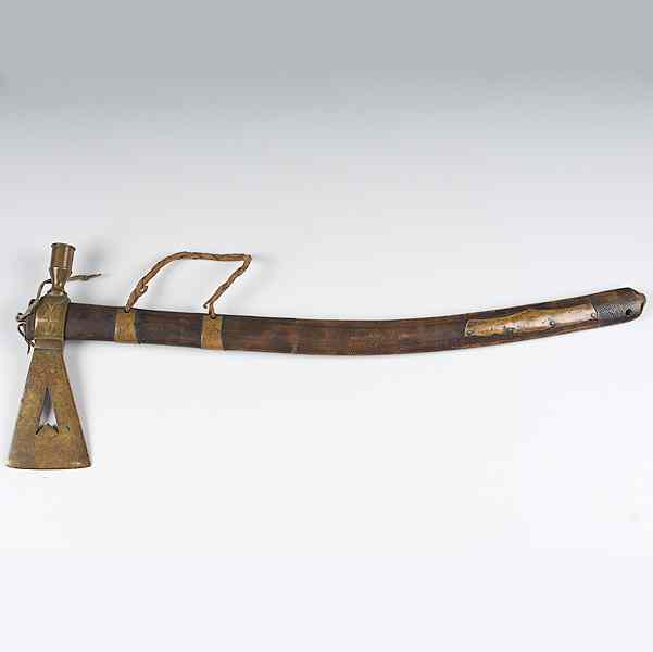 Appraisal: Plains-Style Pipe Tomahawk reproduction Brass head with triangular cutout on