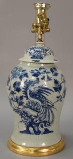 Appraisal: Large blue and white phoenix bird jar having celadon ground