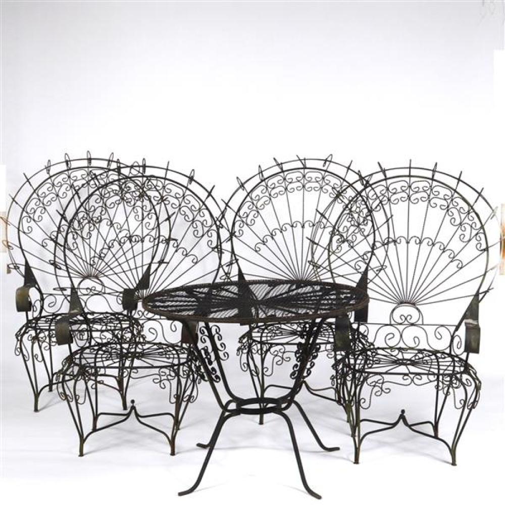 Appraisal: VICTORIAN IRON PATIO TABLE AND WIRE PEACOCK BACK CHAIRS Victorian